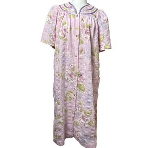 Vintage Pink Floral Seersucker Button Front House Dress Robe Nightgown M Retro